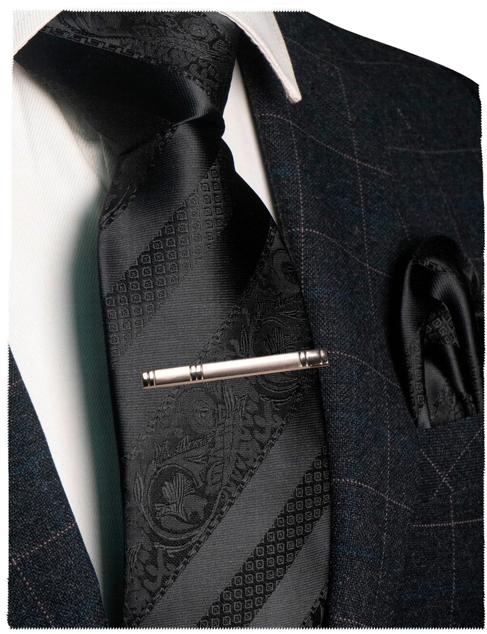 9582 Black Floral Necktie and Pocket Square Tie Clip Sets 16
